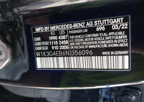 2022 Benz A-Class A220 z USA, uszkodzony, nr VIN W1K3G4EB6N1356096